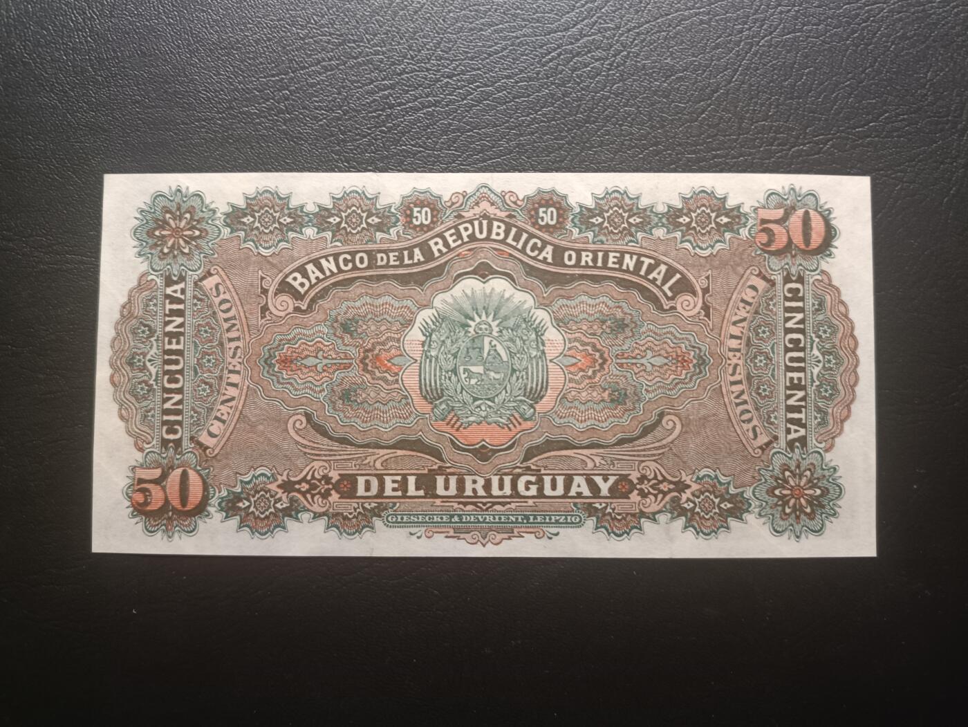 2025十一月第七期，总205期 乌拉圭共和国东方银行1896年50分UNC，19世纪中后期地方银行品种，双马套车和国徽，稀有品种
