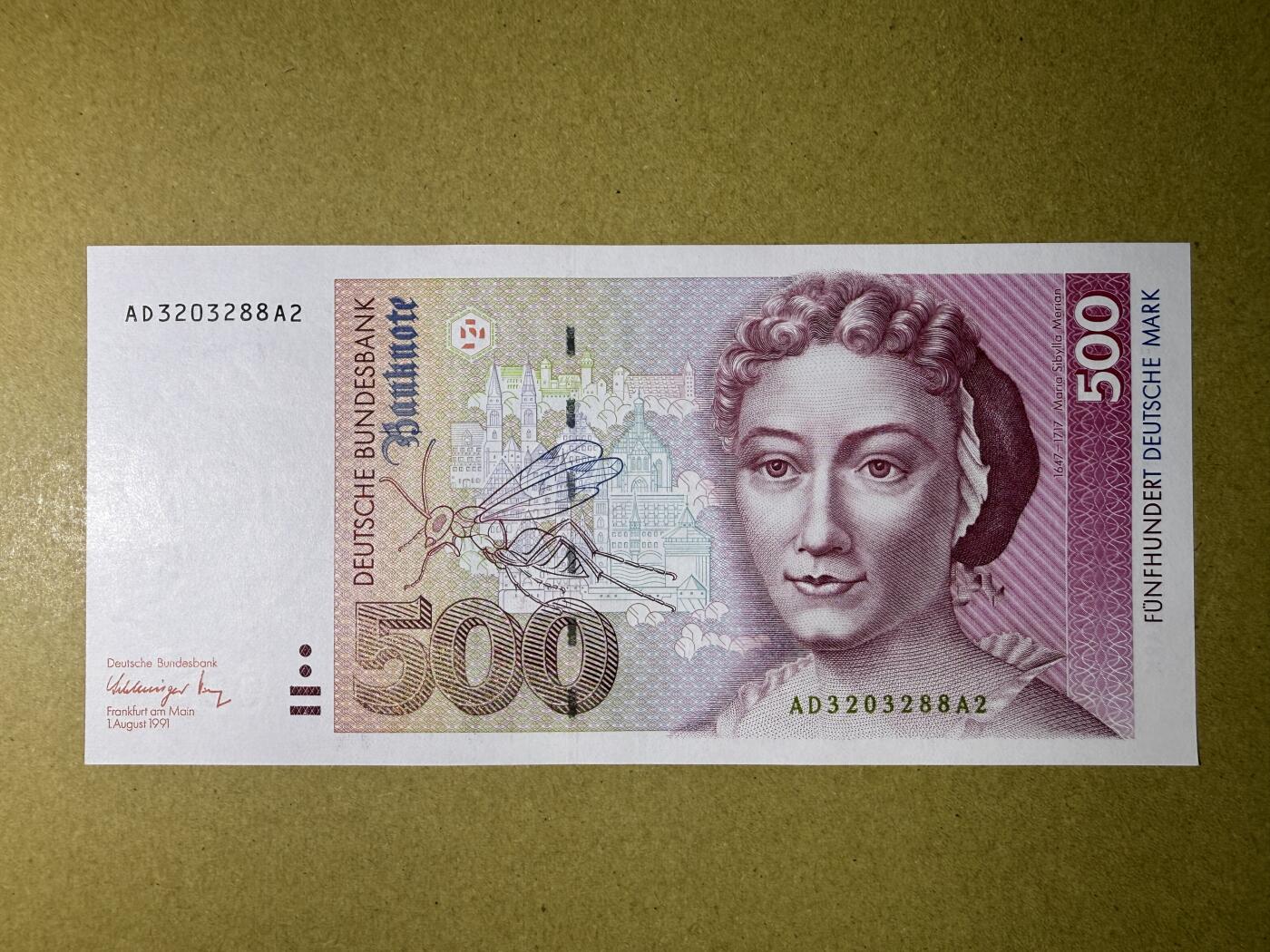 《艾美收藏》第222期-11.30周日外币畅拍 德国500马克 UNC 1991年 德国女画家梅里安 无47