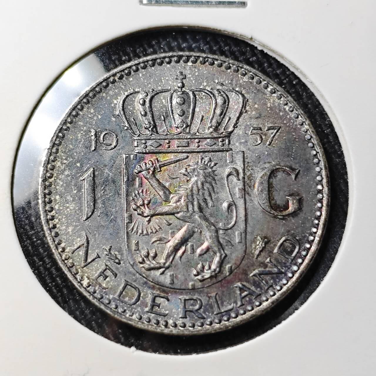 KK钱币收藏小铺 （套币 好品/批量散币 银币）专场  2月预留时间 周末发货  1957荷兰1盾银币 带彩好品