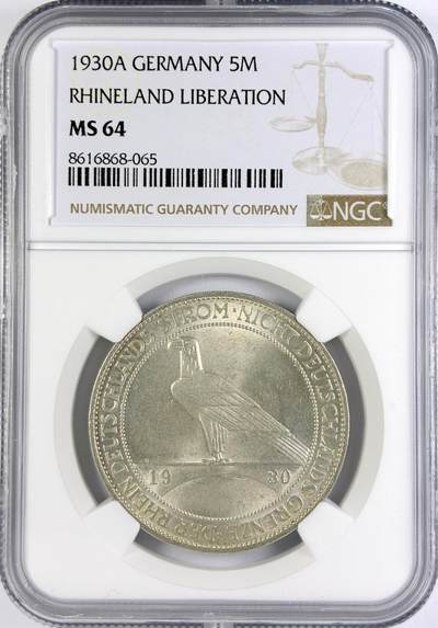 【雨安】【直播拍卖】【世界币章117期-评级币】2025-11-29 周六 19:30 保真 - [评级德国] Germany 德国 魏玛 5马克 KM#71 莱茵兰鹰桥 1930年  NGC-MS64