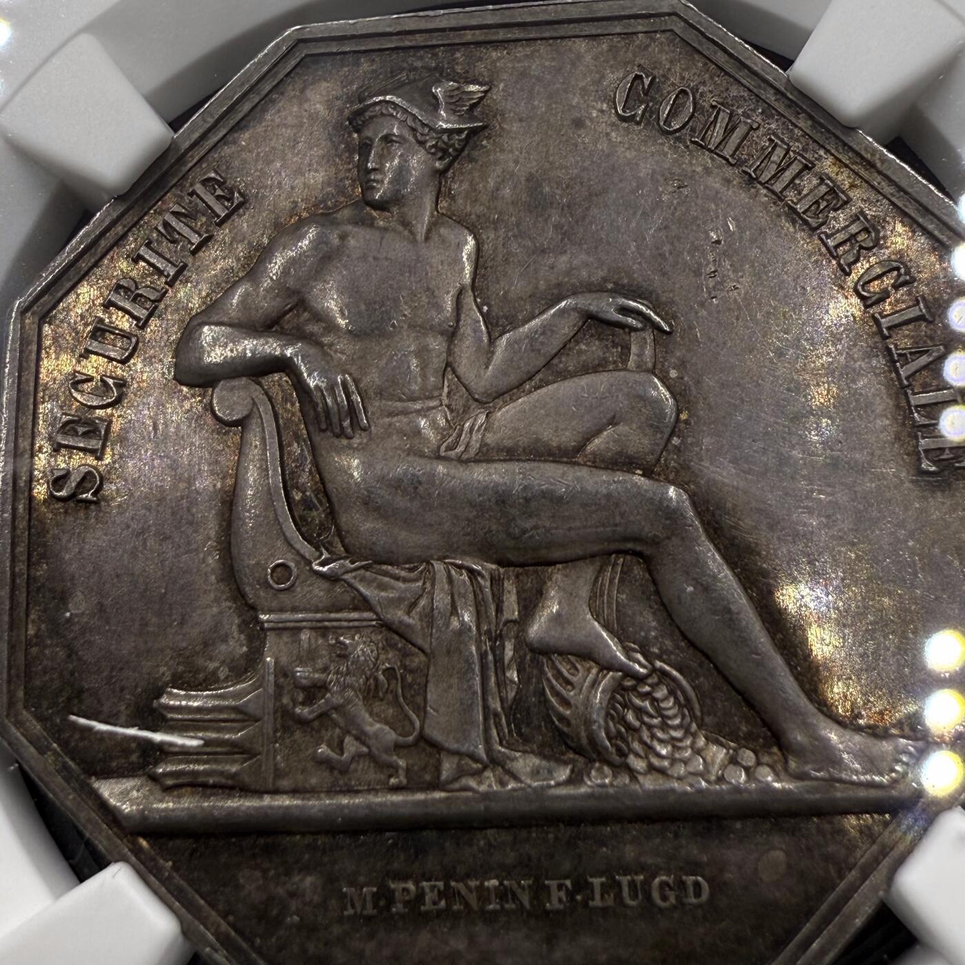 「木头集藏」章牌精品专场！ 1848年法国里昂商会八角银章，MS 61，直径：31 mm，边铭：手指 （1845-1860年），较少见八角。