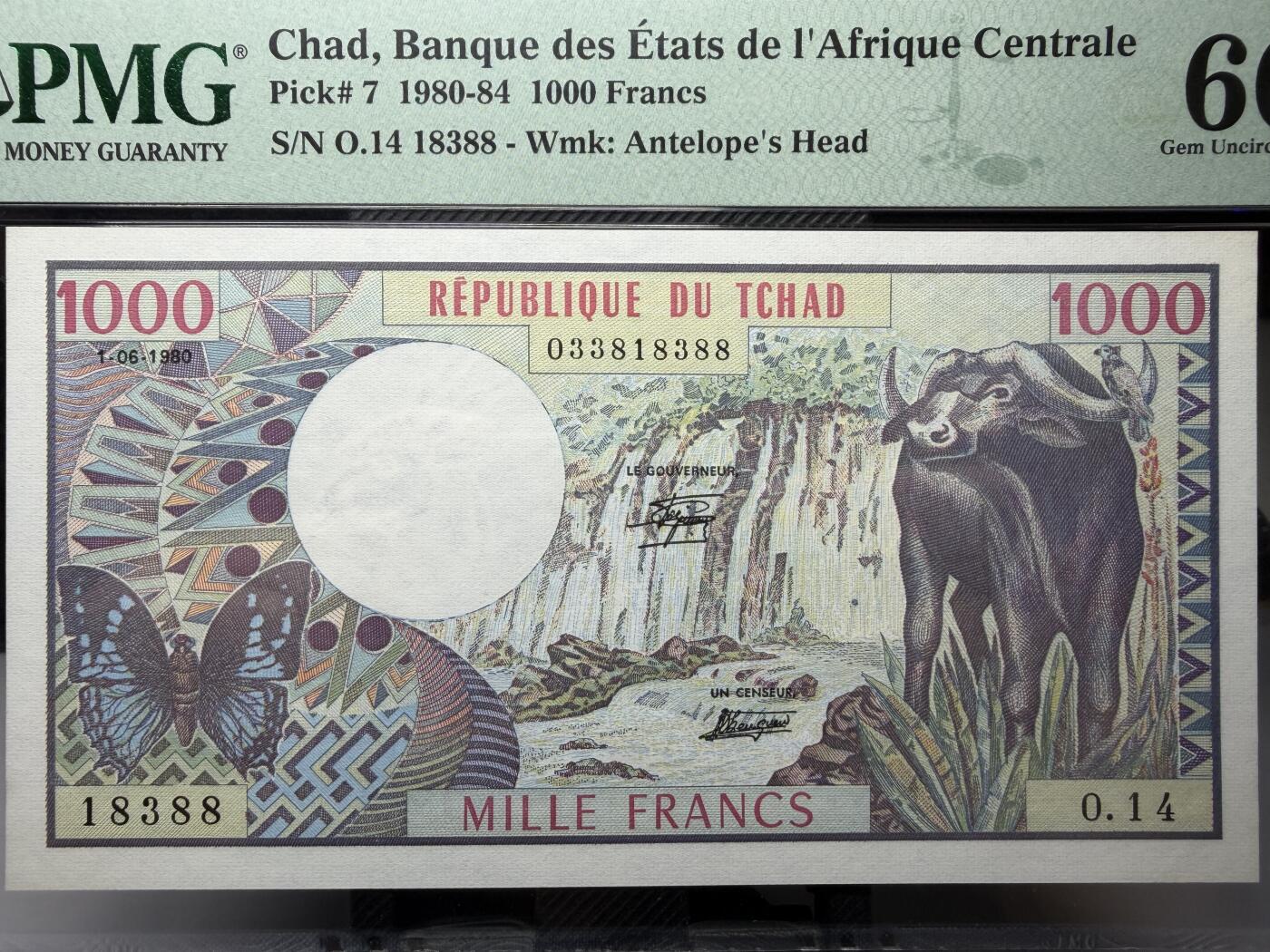 2025年集古藏今外币拍卖第十期-第10场—（总第290拍-纸币专场），本期拍完结算一次，发货时间2-3天，休息几天后继续新的一期拍卖。 PMG66E1980-1985年版乍得1000法郎