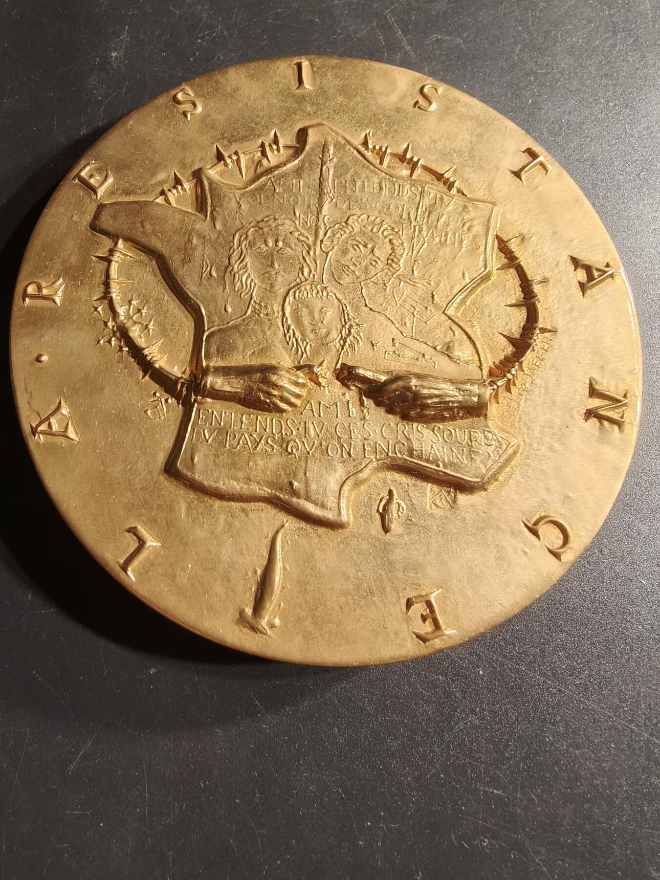 老王徽章第166期 法国二战抵抗运动自由法国全国委员会镀金大铜章    原盒，盒子有损     少见超大尺寸     直径90mm.    重量742.8g