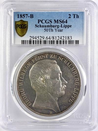 【雨安】【直播拍卖】【世界币章117期-评级币】2025-11-29 周六 19:30 保真 - [评级德国] Germany 德国 德意志 绍姆堡-利珀 2泰勒 1857年  PCGS-MS64 罕见品种高分