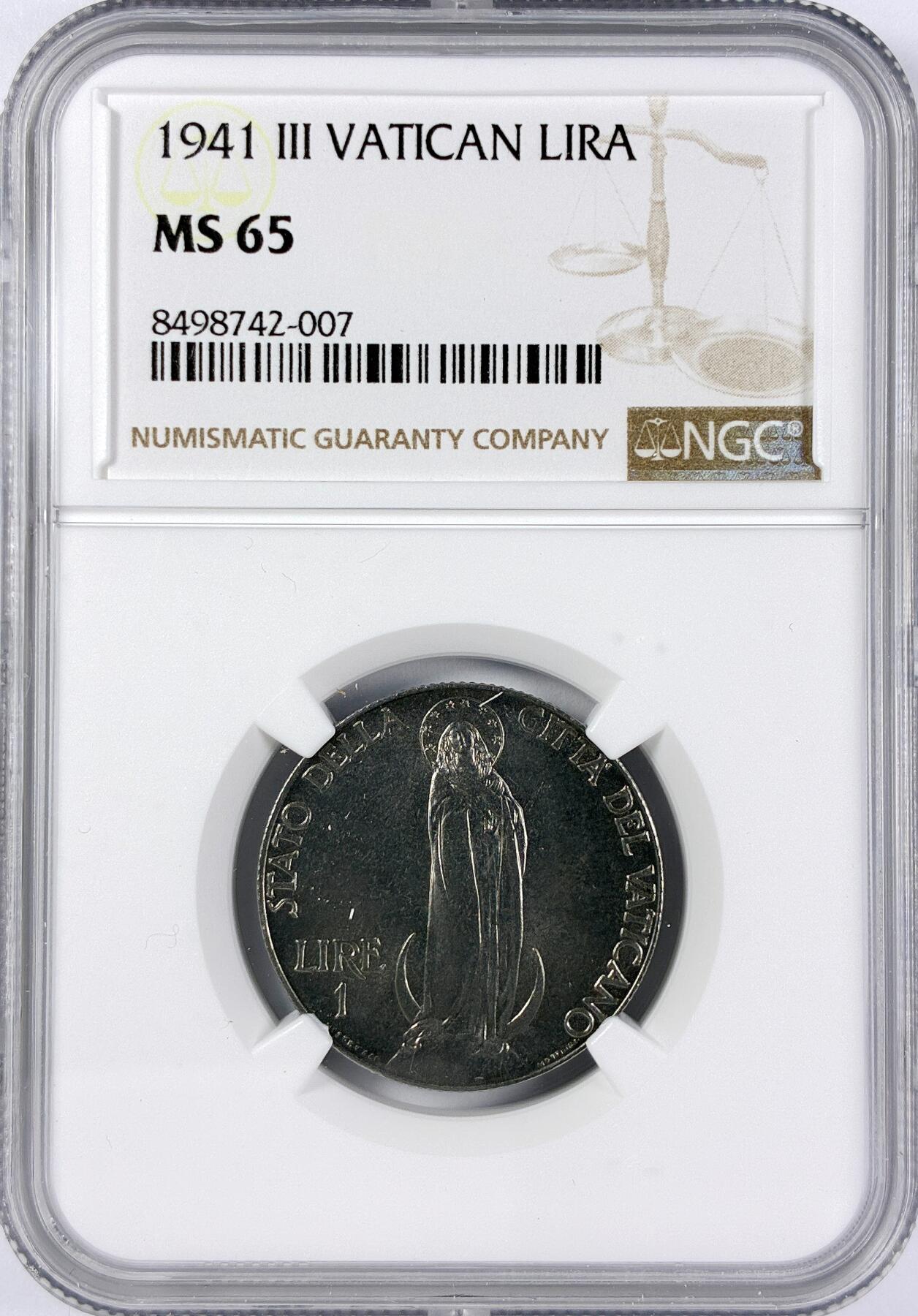 【雨安】【直播拍卖】【世界币章117期-评级币】2025-11-29 周六 19:30 保真 [评级欧洲] Vatican 梵蒂冈 1里拉 1941年  NGC-MS65