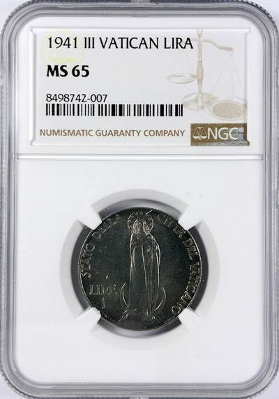 【雨安】【直播拍卖】【世界币章117期-评级币】2025-11-29 周六 19:30 保真 - [评级欧洲] Vatican 梵蒂冈 1里拉 1941年  NGC-MS65