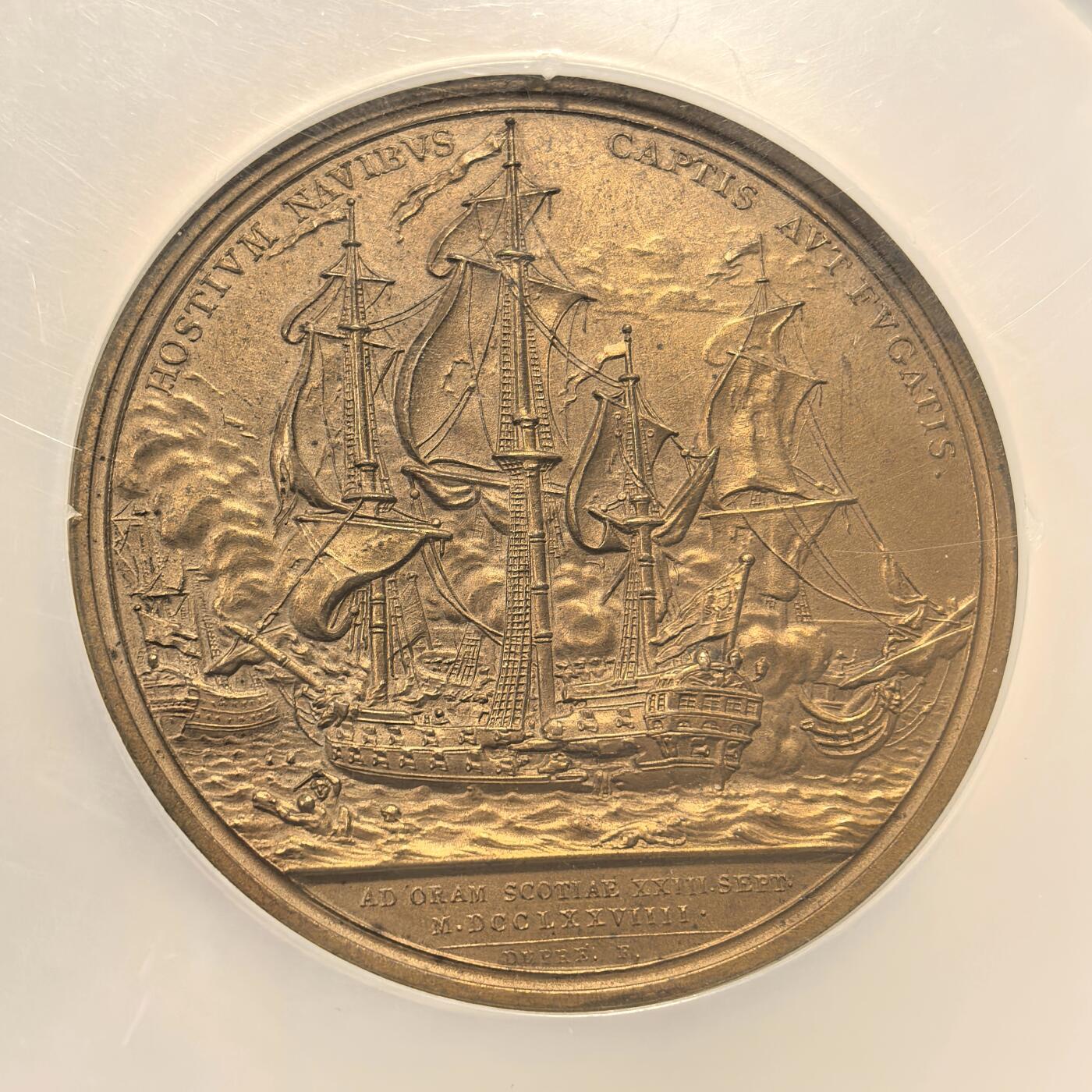 博洋堂世界钱币拍卖第149期（全场包邮） NGC MS62 英国复刻1779年弗兰伯勒角海战纪念巨大镀金铜章，超高浮雕56mm巨大款，这一系列镀金章如果是原铸得几万成交价。这枚是二战时期复刻的。