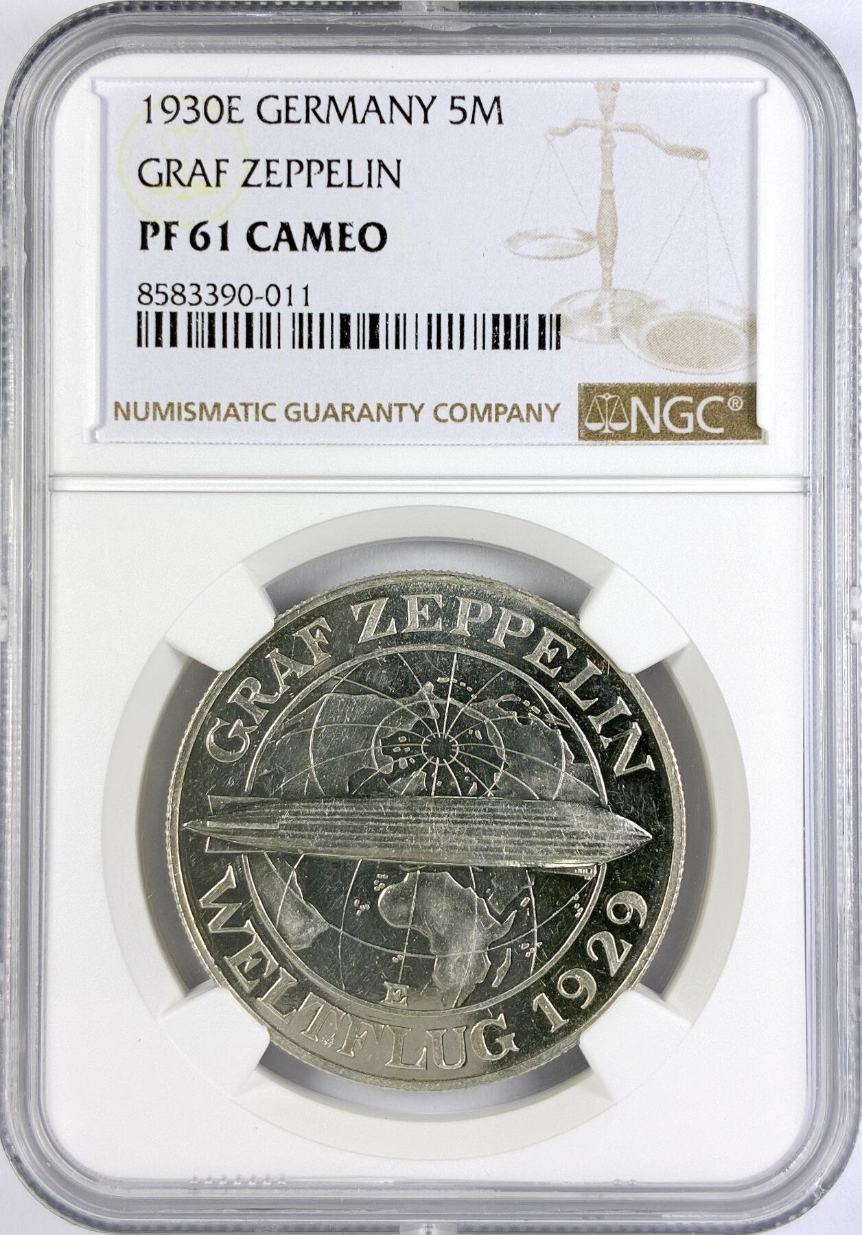 【雨安】【直播拍卖】【世界币章117期-评级币】2025-11-29 周六 19:30 保真 [评级德国] Germany 德国 魏玛 5马克 KM#68 飞艇 1930年E NGC-PF61Cameo 镜面感极强 严评