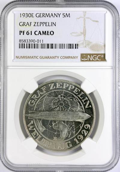 【雨安】【直播拍卖】【世界币章117期-评级币】2025-11-29 周六 19:30 保真 - [评级德国] Germany 德国 魏玛 5马克 KM#68 飞艇 1930年E NGC-PF61Cameo 镜面感极强 严评