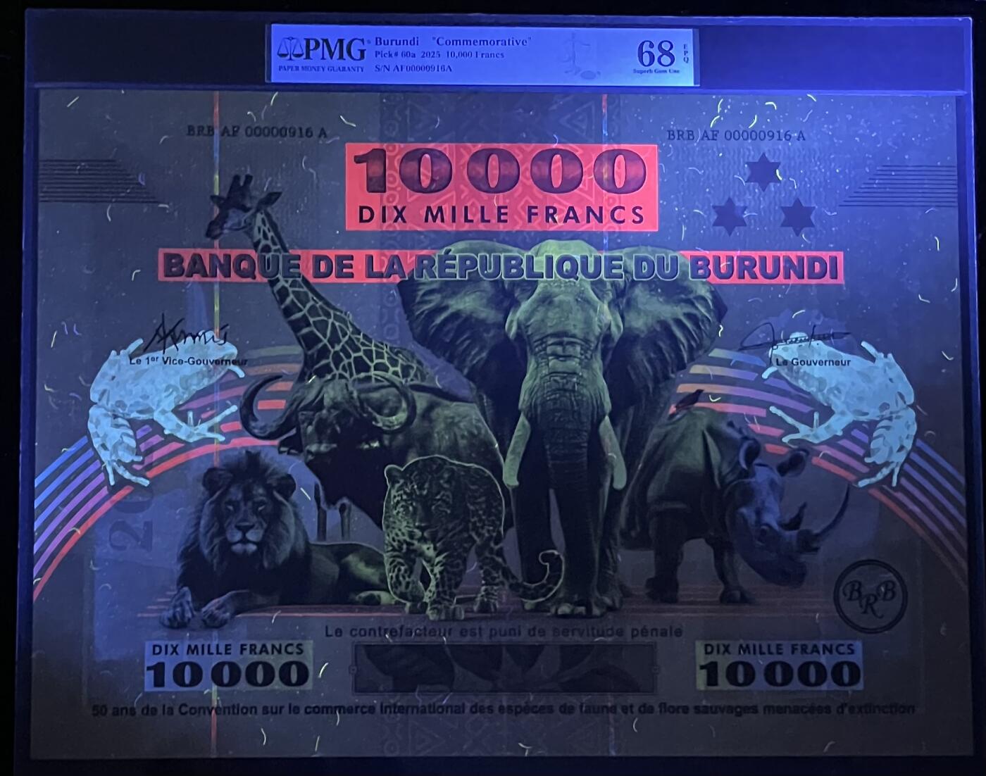 小福收藏拍卖第196期 评级币精选场 本期有68分倒置号布隆迪世界最大纸币 泰国69年10铢纪念钞0A冠百位倒置号  文莱06年500吉令特首年首冠 丹麦经典大松鼠 俄罗斯 玻利维亚 东加勒比 亚美尼亚等多国精美高分珍稀老钞精品纸币 布隆迪 2025年 10000法郎《濒危野生动植物种国际贸易公约》签署50周年纪念钞 400x288毫米 全世界最大纸币 发行量仅1000张 倒置百位号916号 PMG68 EPQ 季军分