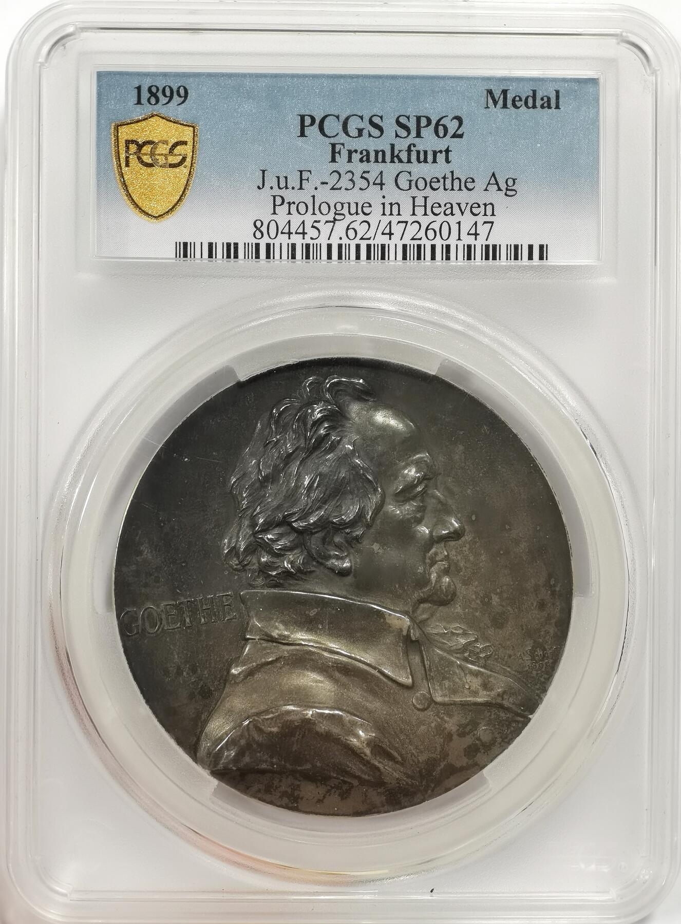 博洋堂世界钱币拍卖第149期（全场包邮） PCGS SP62 奥地利1899年歌德诞辰150周年纪念银章，奥地利章牌艺术家安东·沙夫（Anton Scharff，1845-1903）1899年为纪念德国文学巨匠歌德（Goethe，1749-1832）诞辰150周年而创作。直径：69mm，品相上佳