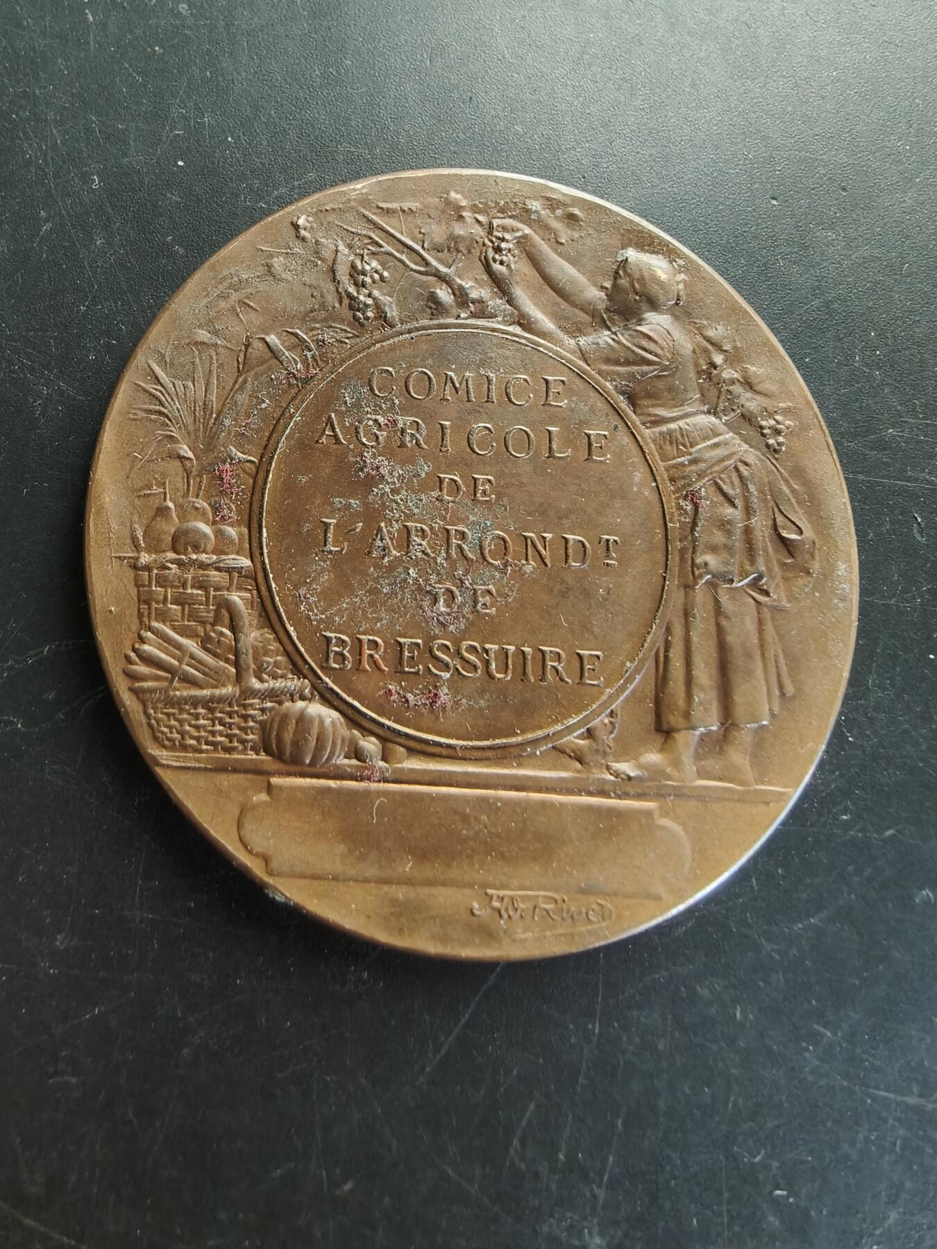 老王徽章第166期 法国布雷絮尔区农业博览会大铜章     原盒    大师里维特作品   直径51mm.    重量54g