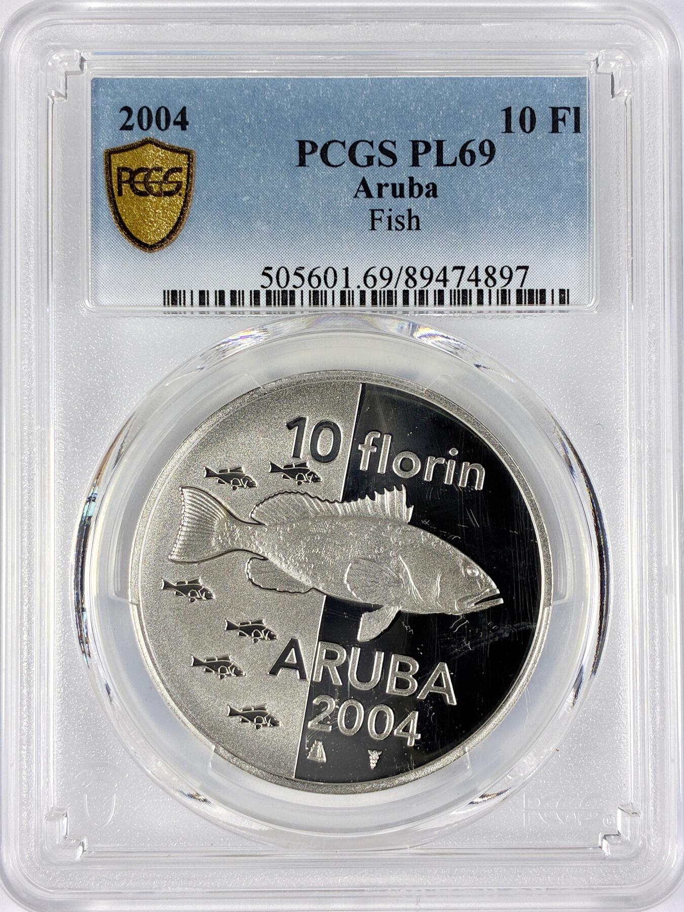 【雨安】【直播拍卖】【世界币章117期-评级币】2025-11-29 周六 19:30 保真 [评级现代] Aruba 阿鲁巴 10弗洛林 2004年 鱼 PCGS-PL69