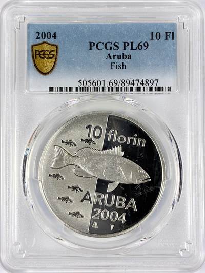 【雨安】【直播拍卖】【世界币章117期-评级币】2025-11-29 周六 19:30 保真 - [评级现代] Aruba 阿鲁巴 10弗洛林 2004年 鱼 PCGS-PL69