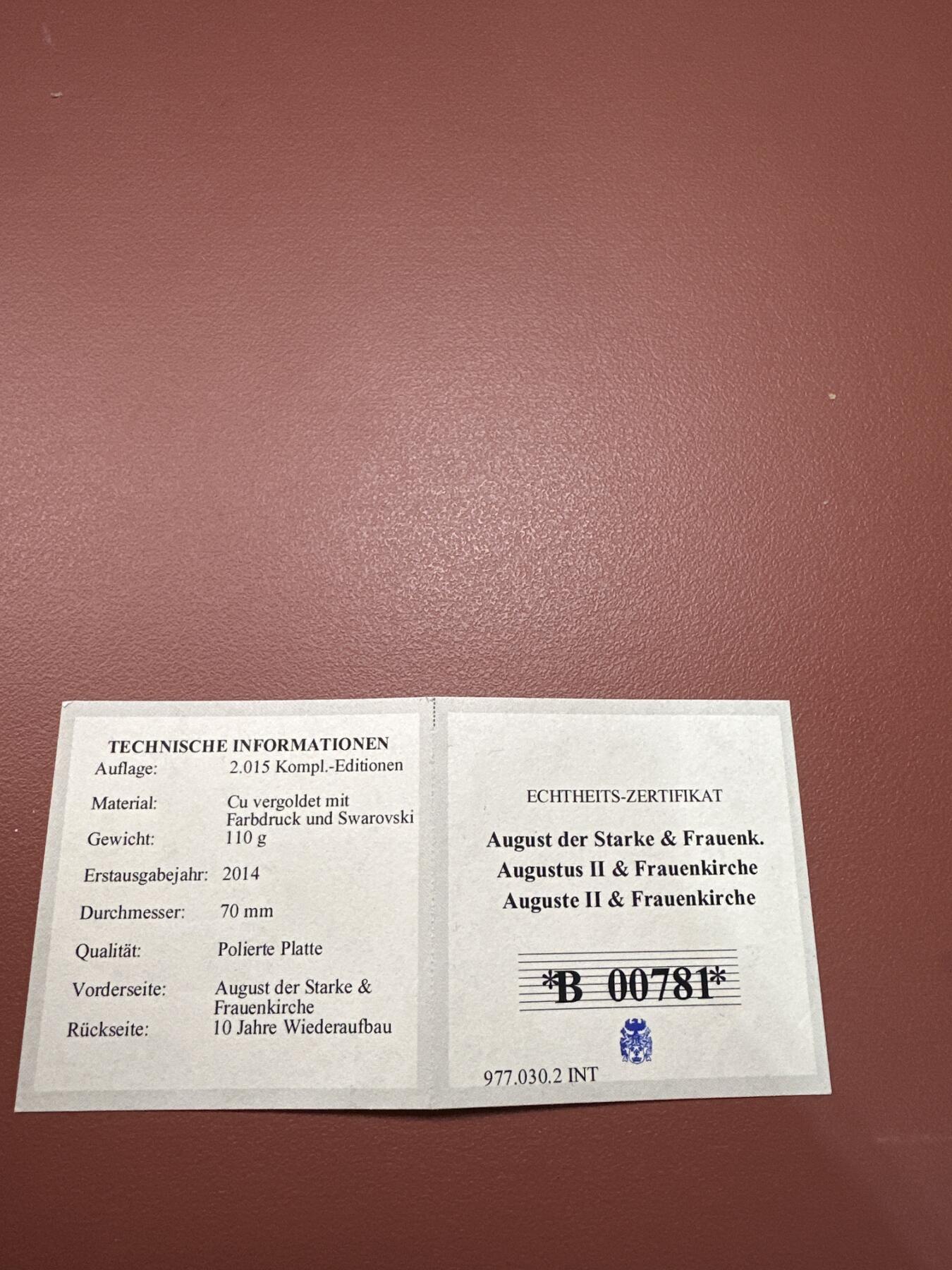 12.4铜章专场 2014年德累斯顿圣母教堂重建10周年彩色高浮雕精致镀金纪念章 镶施华洛世奇水晶70mm