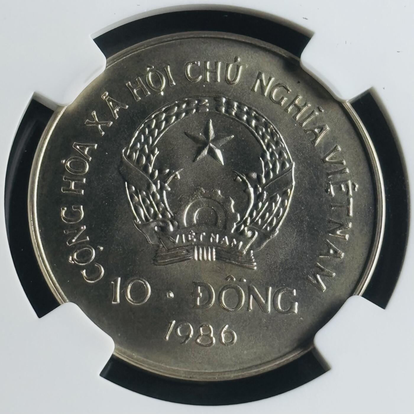 文馨钱币收藏第 283 场，【大雪鉴珍，寒英缀金】金银纪念币精品场，诚邀您的参与【长期接代拍品】 稀少 1986 年越南大水牛 10 盾纪念币，NGC 评级 MS67 分