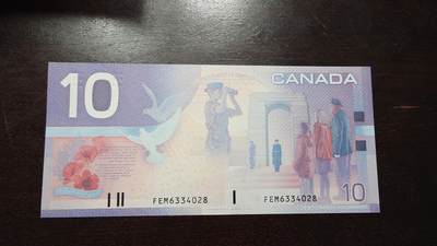 世界钱币～微拍第217期暨2025年第57期  近日新到货品少量 以及老库存一些 - 2002年加拿大10元 旅版初版无金属线 全新绝品尾号028
