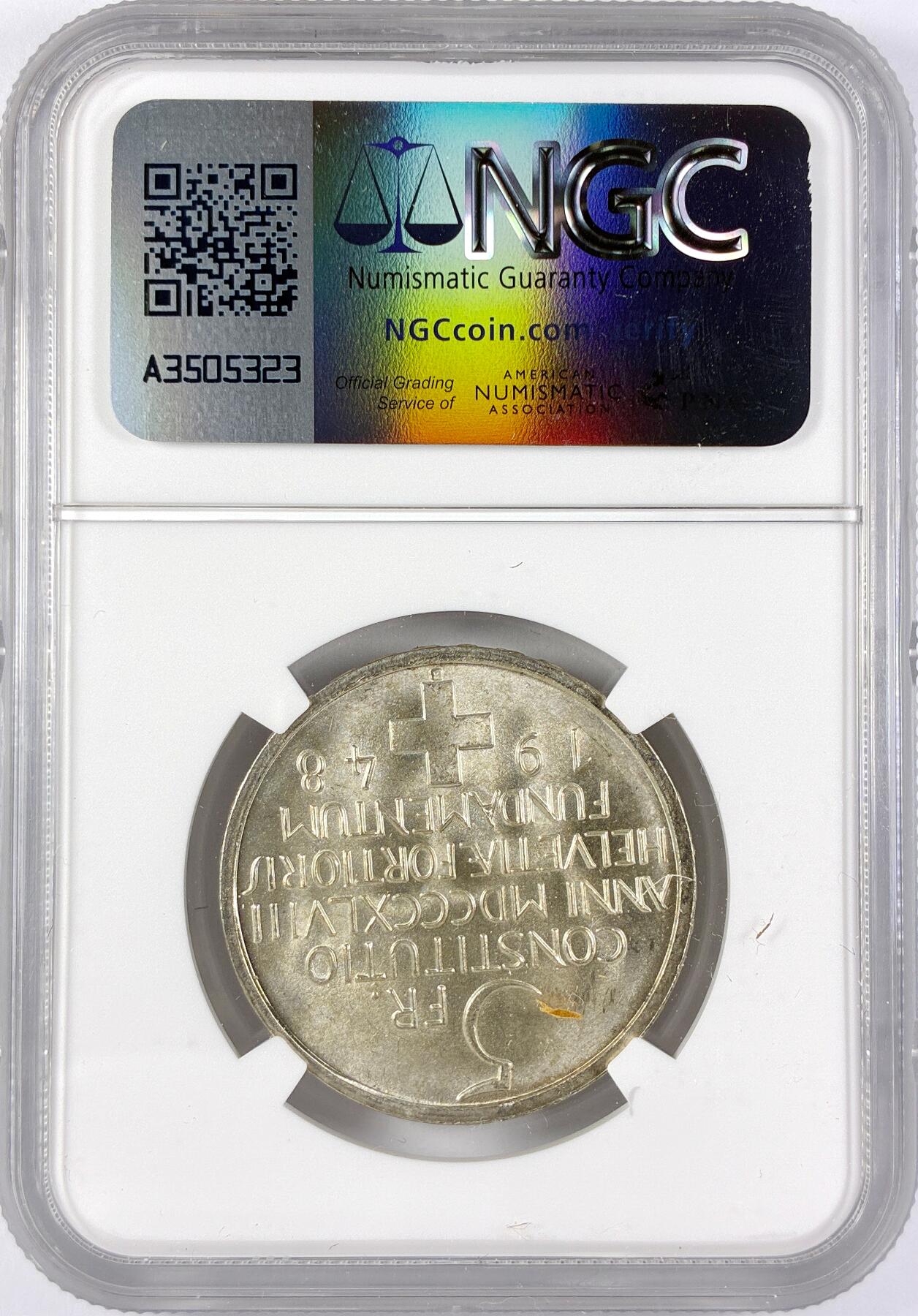 【雨安】【直播拍卖】【世界币章117期-评级币】2025-11-29 周六 19:30 保真 [评级欧洲] Switzerland 瑞士 5法郎 1948年 瑞士宪法百年 KM#48  NGC-MS64