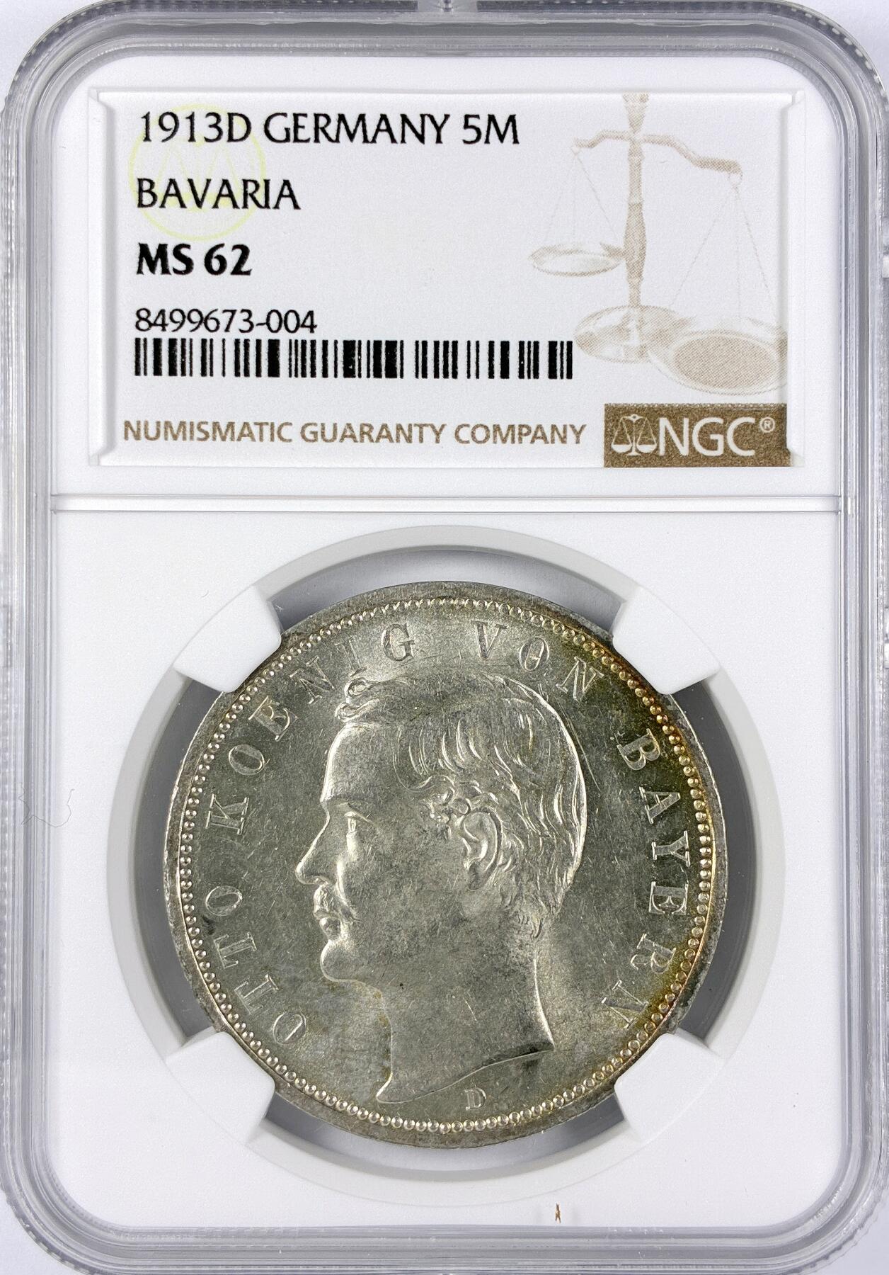 【雨安】【直播拍卖】【世界币章117期-评级币】2025-11-29 周六 19:30 保真 [评级德国] Germany 德国 帝国 巴伐利亚 5马克 奥托 1913年  NGC-MS62