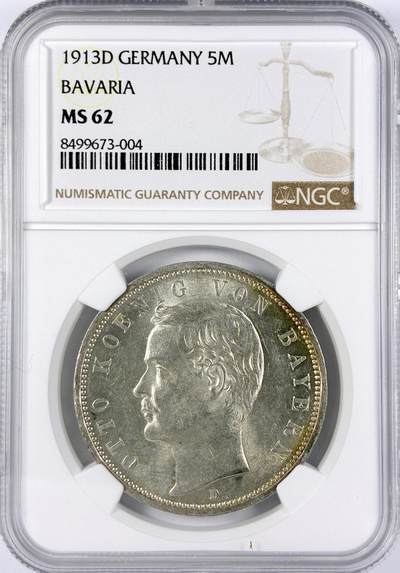【雨安】【直播拍卖】【世界币章117期-评级币】2025-11-29 周六 19:30 保真 - [评级德国] Germany 德国 帝国 巴伐利亚 5马克 奥托 1913年  NGC-MS62