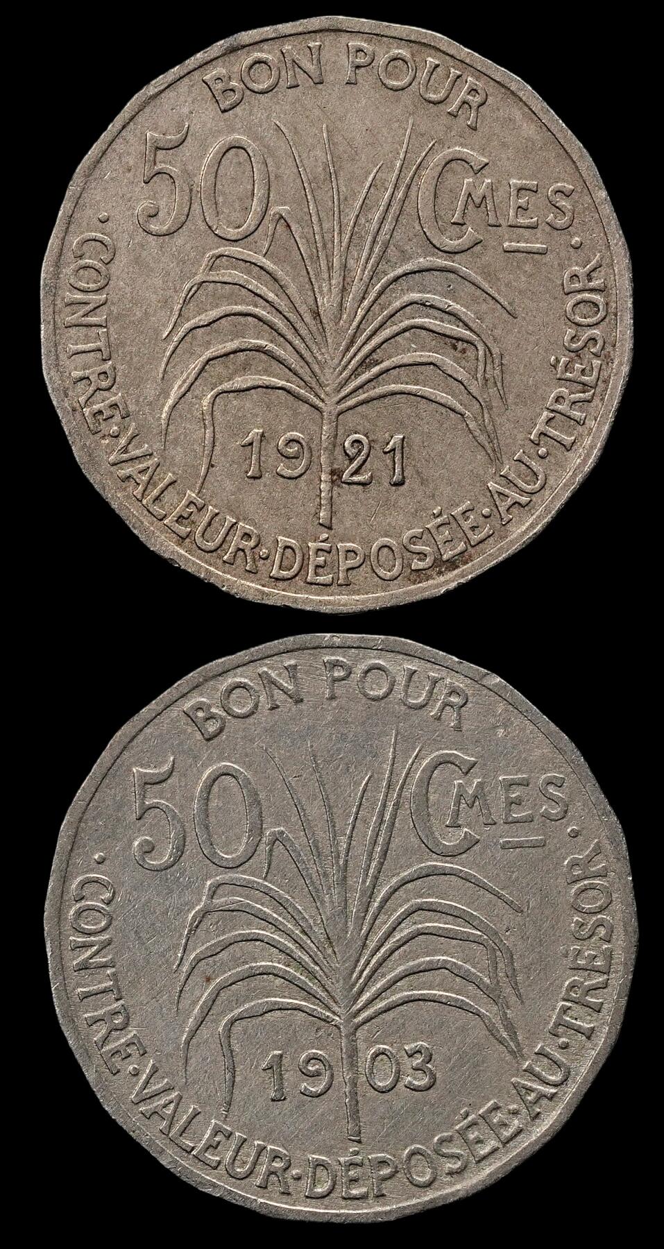 修遠堂世界钱币第九十五期 1903-1921年法属瓜德罗普岛50分两枚