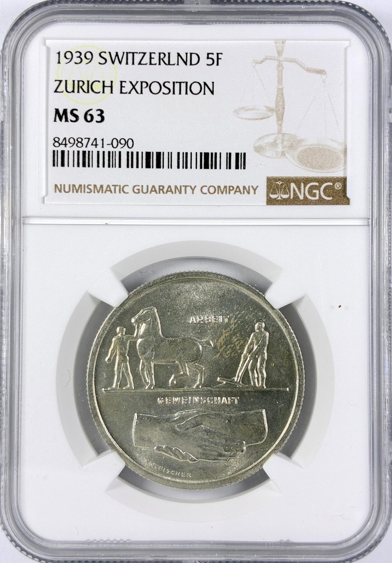【雨安】【直播拍卖】【世界币章117期-评级币】2025-11-29 周六 19:30 保真 [评级欧洲] Switzerland 瑞士 5法郎 1939年 苏黎世博览会 KM# 43  NGC-MS63
