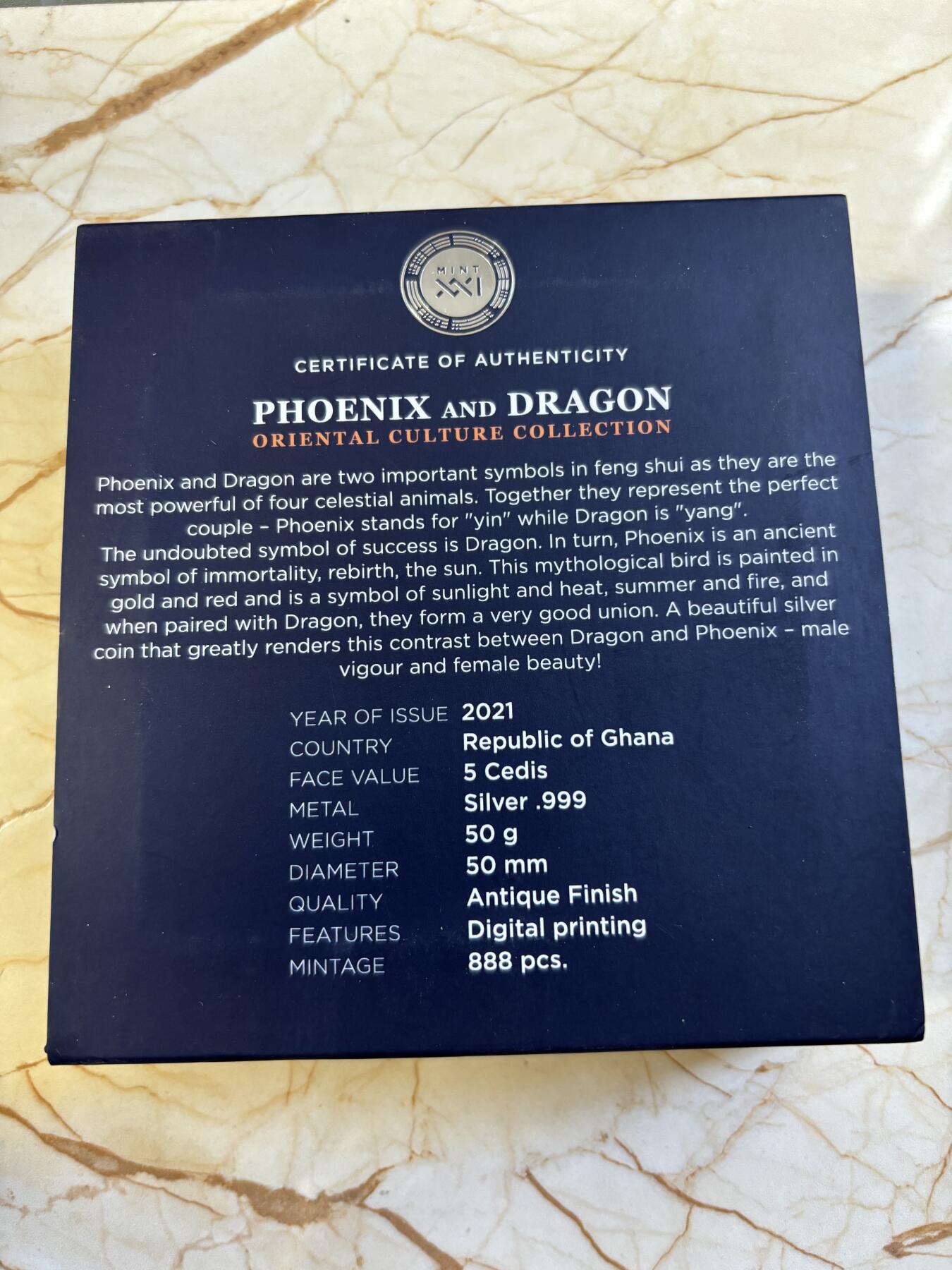 第183期拍卖 加纳2021年中国文化龙凤仿古彩色50克纪念银币，999银，发行888枚