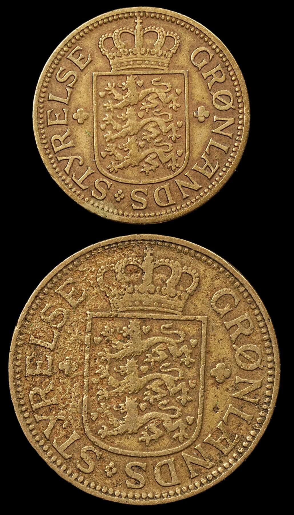 修遠堂世界钱币第九十五期 1926年格陵兰50欧尔，1克朗各一枚