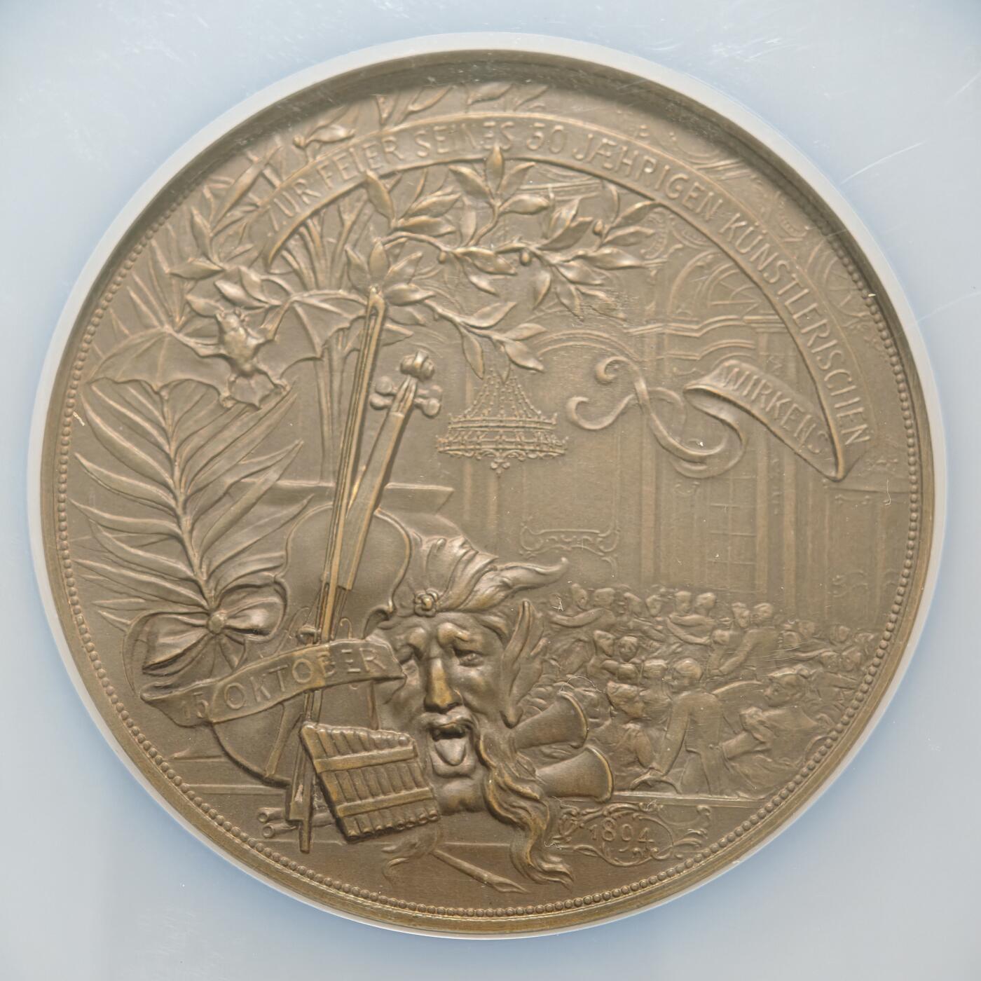 【德藏】世界币章拍卖第155期（拍品征集中~欢迎藏友联系） 1825年 奥地利维也纳歌剧和华尔兹作曲家约翰·施特劳斯诞辰50周年60mm纪念大铜章 NGC MS65BN 细节极其丰富 人物传神