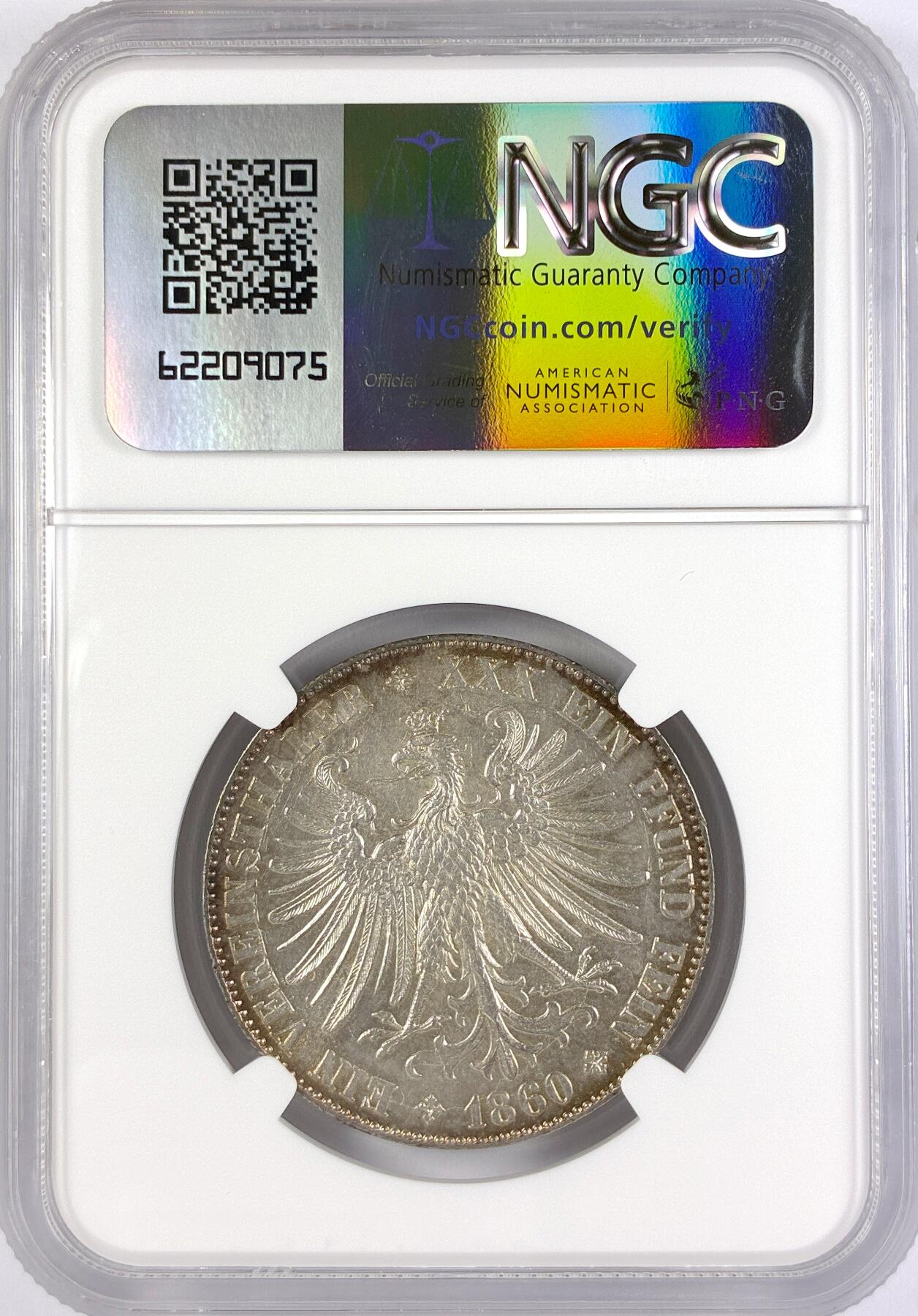 【雨安】【直播拍卖】【世界币章117期-评级币】2025-11-29 周六 19:30 保真 [评级德国] Germany 德国 德意志 1泰勒 Frankfurt法兰克福 Thun.142 KM#0360 (1859-1860) 法兰克福少女 1860年  NGC-MS62 味道好光度极佳 严评