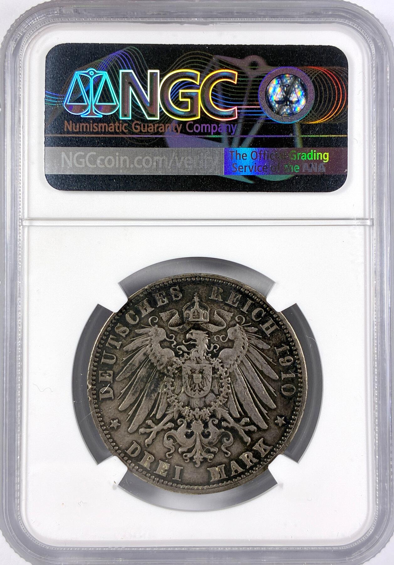 【雨安】【直播拍卖】【世界币章117期-评级币】2025-11-29 周六 19:30 保真 [评级德国] Germany 德国 帝国 萨克森 3马克 奥古斯特三世 1910年  NGC-XF45