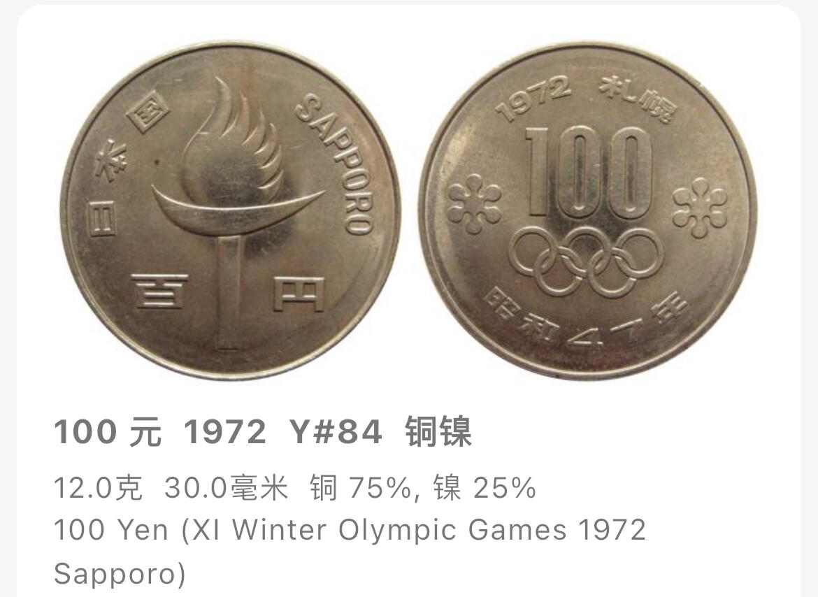 回流1130 昭和47年（1972年）札幌冬奥会百元大纪念币30mm