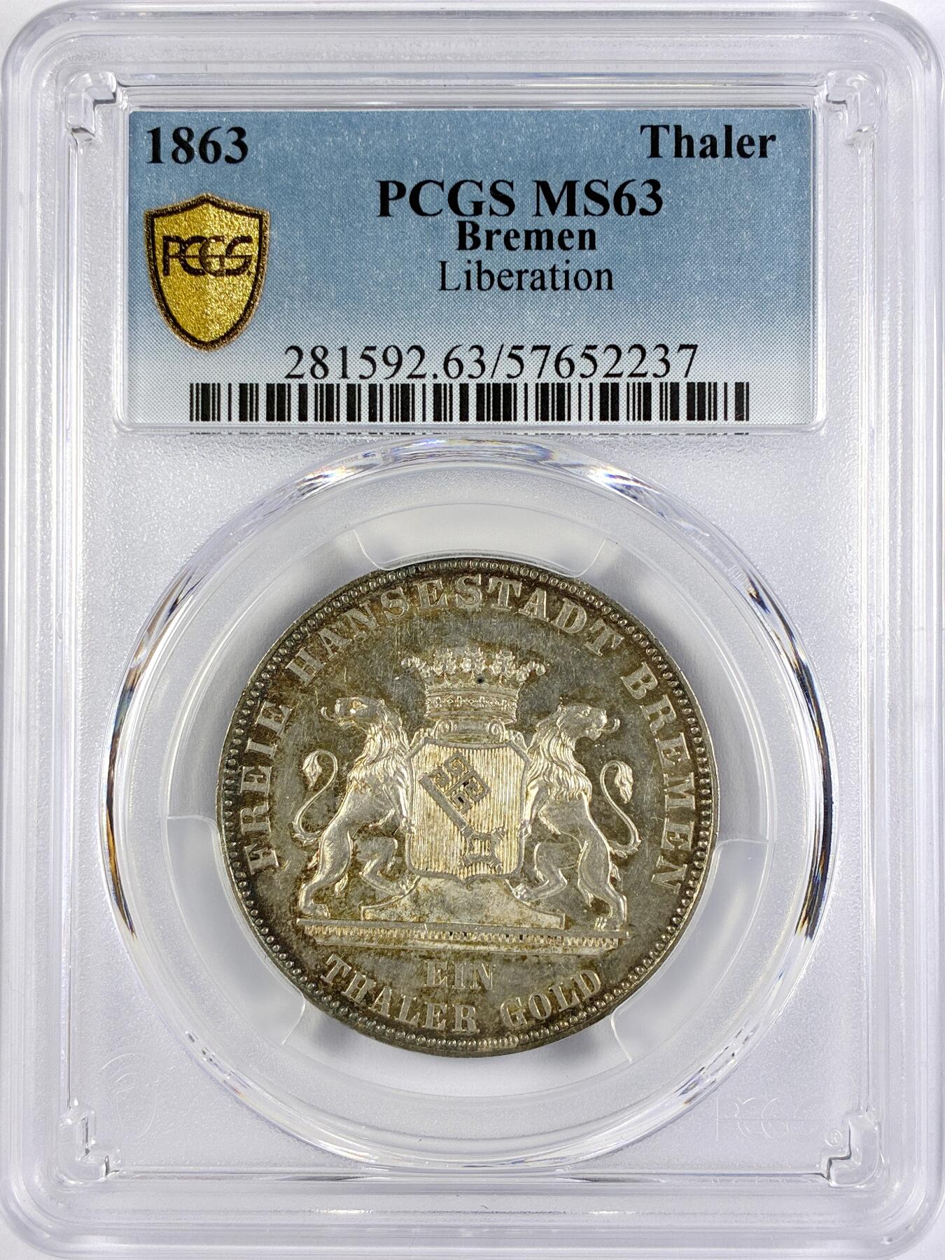 【雨安】【直播拍卖】【世界币章117期-评级币】2025-11-29 周六 19:30 保真 [评级德国] Germany 德国 德意志 1泰勒 Bremen不莱梅 Thun.124 (1863) 自由50周年 1863年  PCGS-MS63