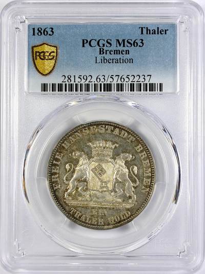【雨安】【直播拍卖】【世界币章117期-评级币】2025-11-29 周六 19:30 保真 - [评级德国] Germany 德国 德意志 1泰勒 Bremen不莱梅 Thun.124 (1863) 自由50周年 1863年  PCGS-MS63