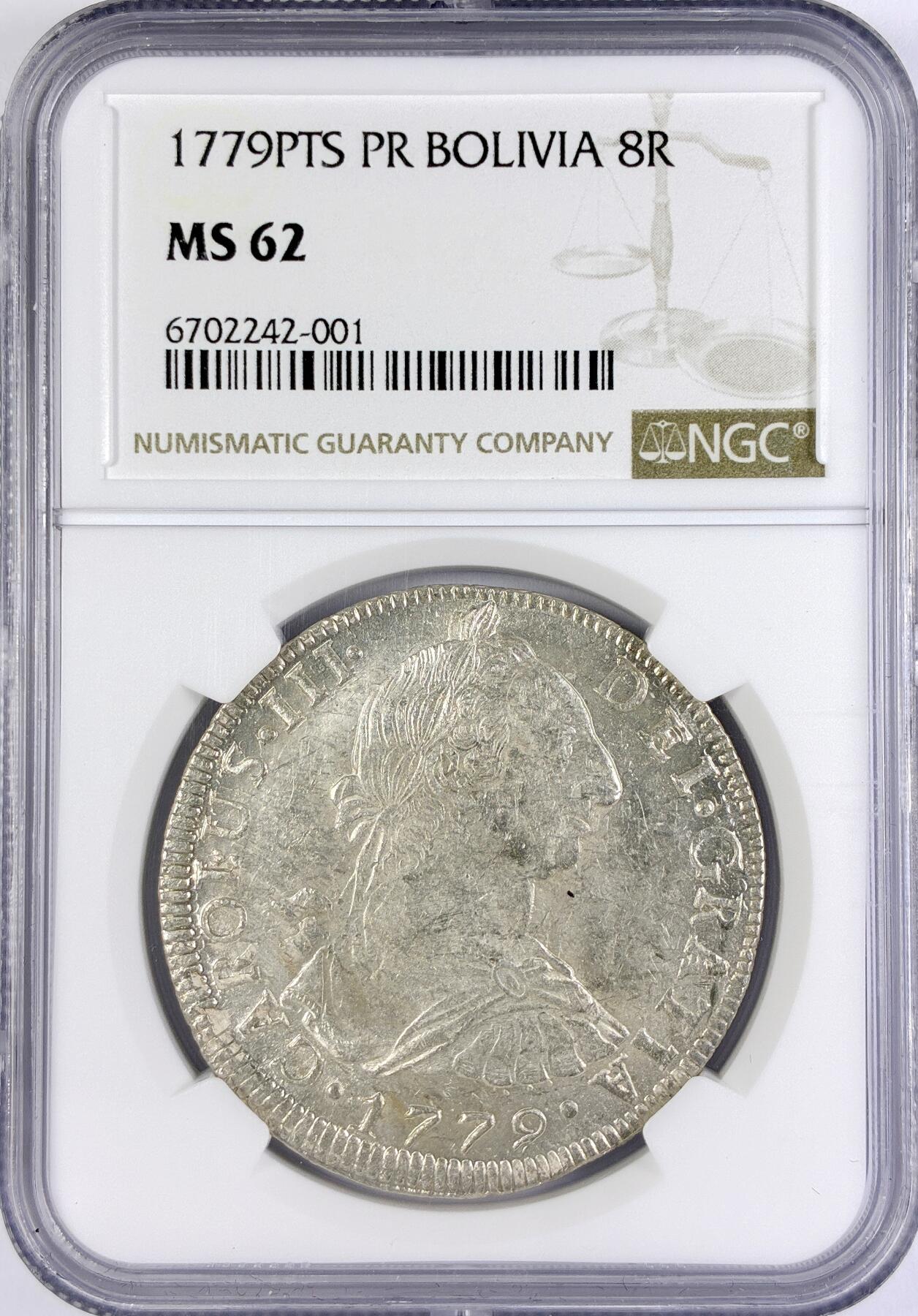 【雨安】【直播拍卖】【世界币章117期-评级币】2025-11-29 周六 19:30 保真 [评级美洲] Spain Bolivia 西属玻利维亚 8里亚尔 KM#0055 (1773-1789) 卡洛斯三世 1779年  NGC-MS62