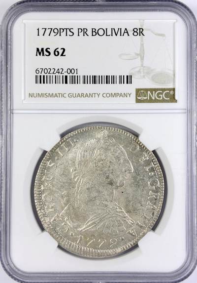 【雨安】【直播拍卖】【世界币章117期-评级币】2025-11-29 周六 19:30 保真 - [评级美洲] Spain Bolivia 西属玻利维亚 8里亚尔 KM#0055 (1773-1789) 卡洛斯三世 1779年  NGC-MS62