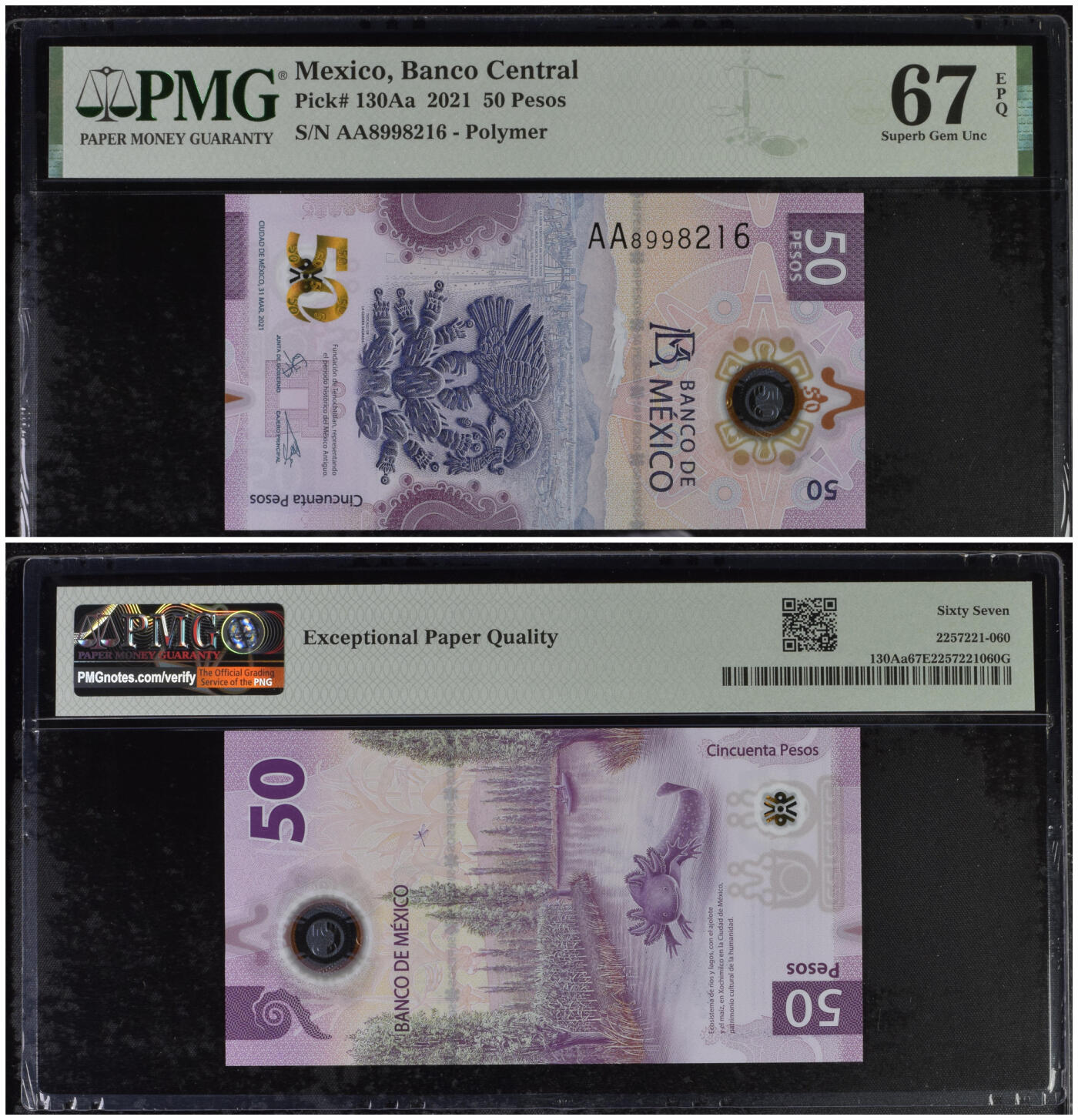 《艾美收藏》第222期-11.30周日外币畅拍 (5张全部签名大全套)墨西哥2021年首发AA冠50比索PMG67E无47 获奖钞 六角恐龙 一步到位
