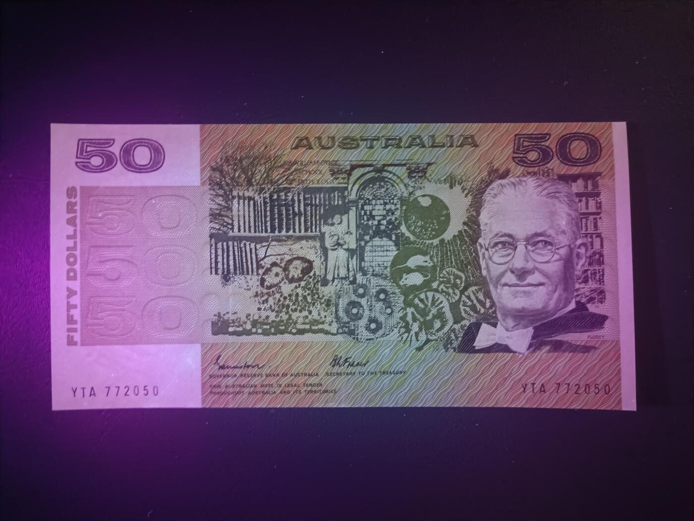 2025十一月第七期，总205期 澳大利亚1985年50元UNC-，病理学家弗洛勒伊和生物学家罗斯