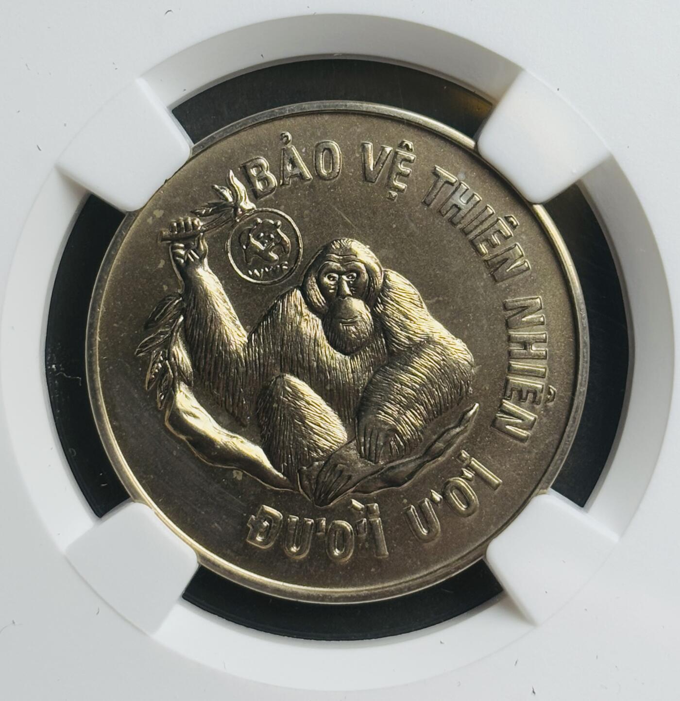 文馨钱币收藏第 283 场，【大雪鉴珍，寒英缀金】金银纪念币精品场，诚邀您的参与【长期接代拍品】 稀少 1987年越南红毛猩猩10盾纪念 世界自然基金会成立 25 周年 NGC 评级 MS65 分