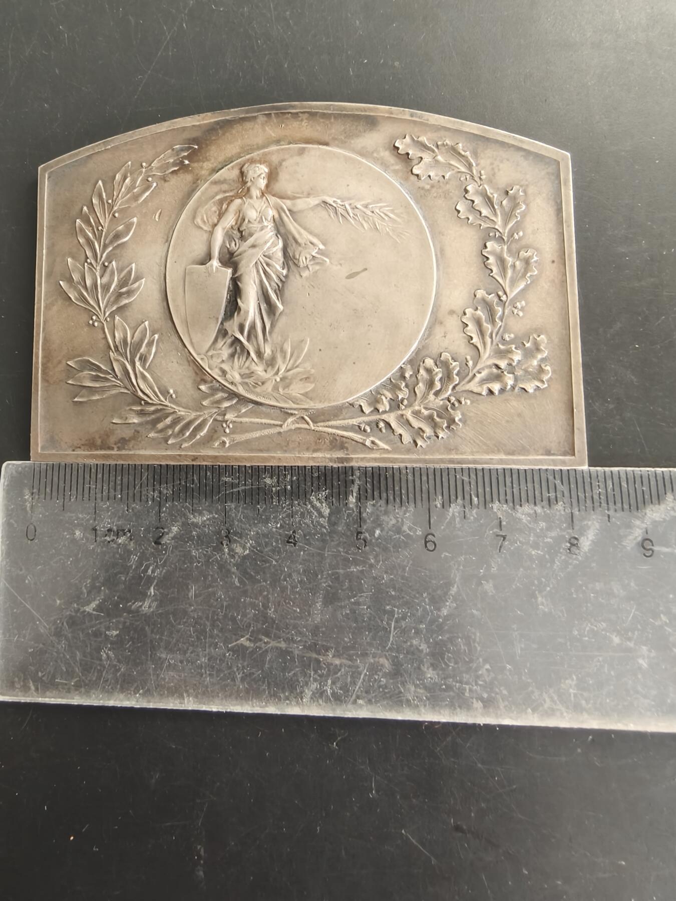 老王徽章第166期 法国新艺术玛丽安娜方形镀银大铜章     原盒     尺寸80×58mm.    重量106.2g