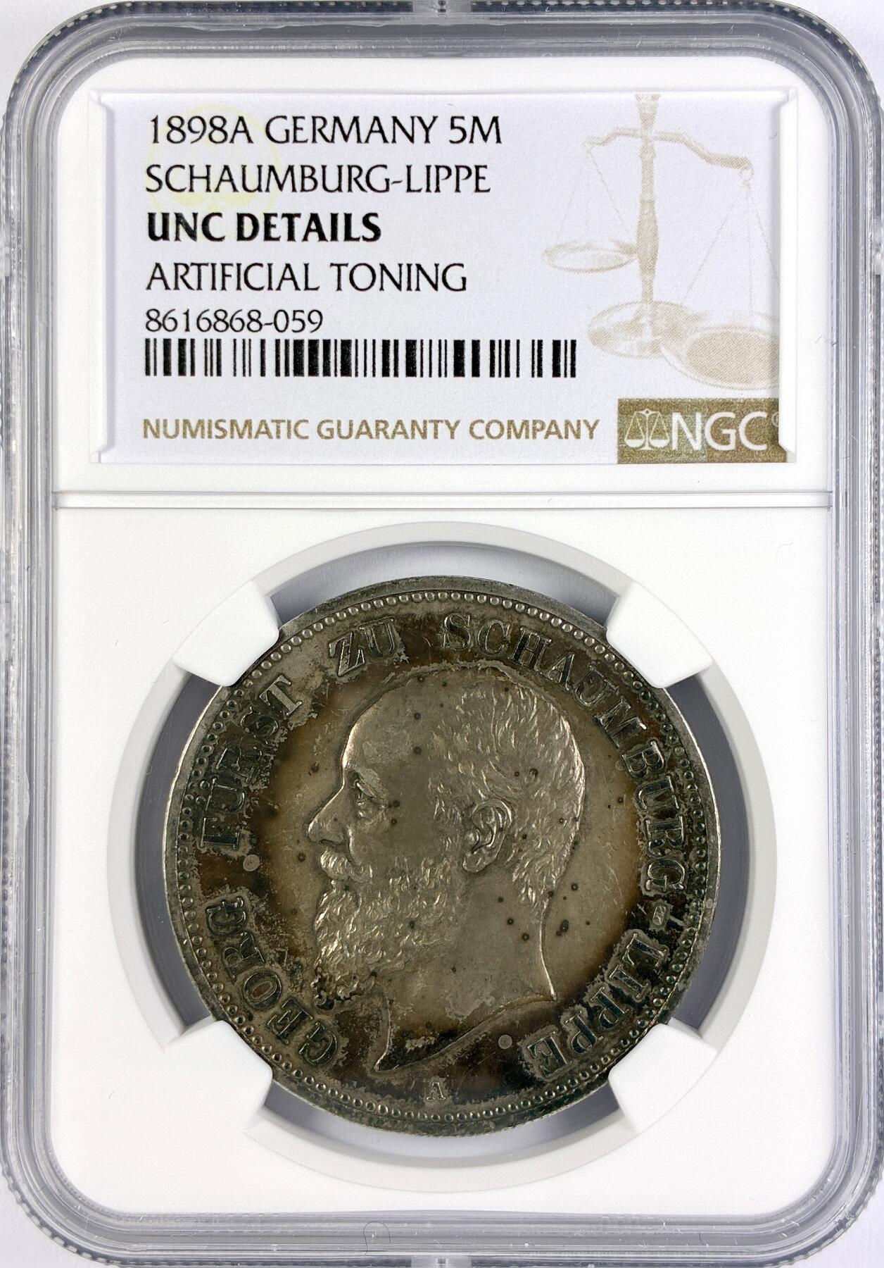 【雨安】【直播拍卖】【世界币章117期-评级币】2025-11-29 周六 19:30 保真 [评级德国] Germany 德国 帝国 J.165 绍姆堡-利珀 5马克 (1898-1904) 1898年  NGC-UNC 非常少见的品种