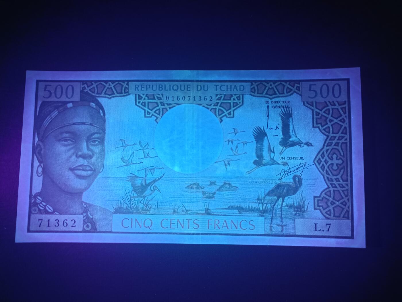 2025十一月第七期，总205期 乍得1974版500法郎AUNC，水鸟和教育主题，少见早期品种