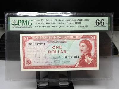 2025年集古藏今外币拍卖第十期-第10场—（总第290拍-纸币专场），本期拍完结算一次，发货时间2-3天，休息几天后继续新的一期拍卖。 - PMG66E英属东加勒比1965年早期戎装女皇1元