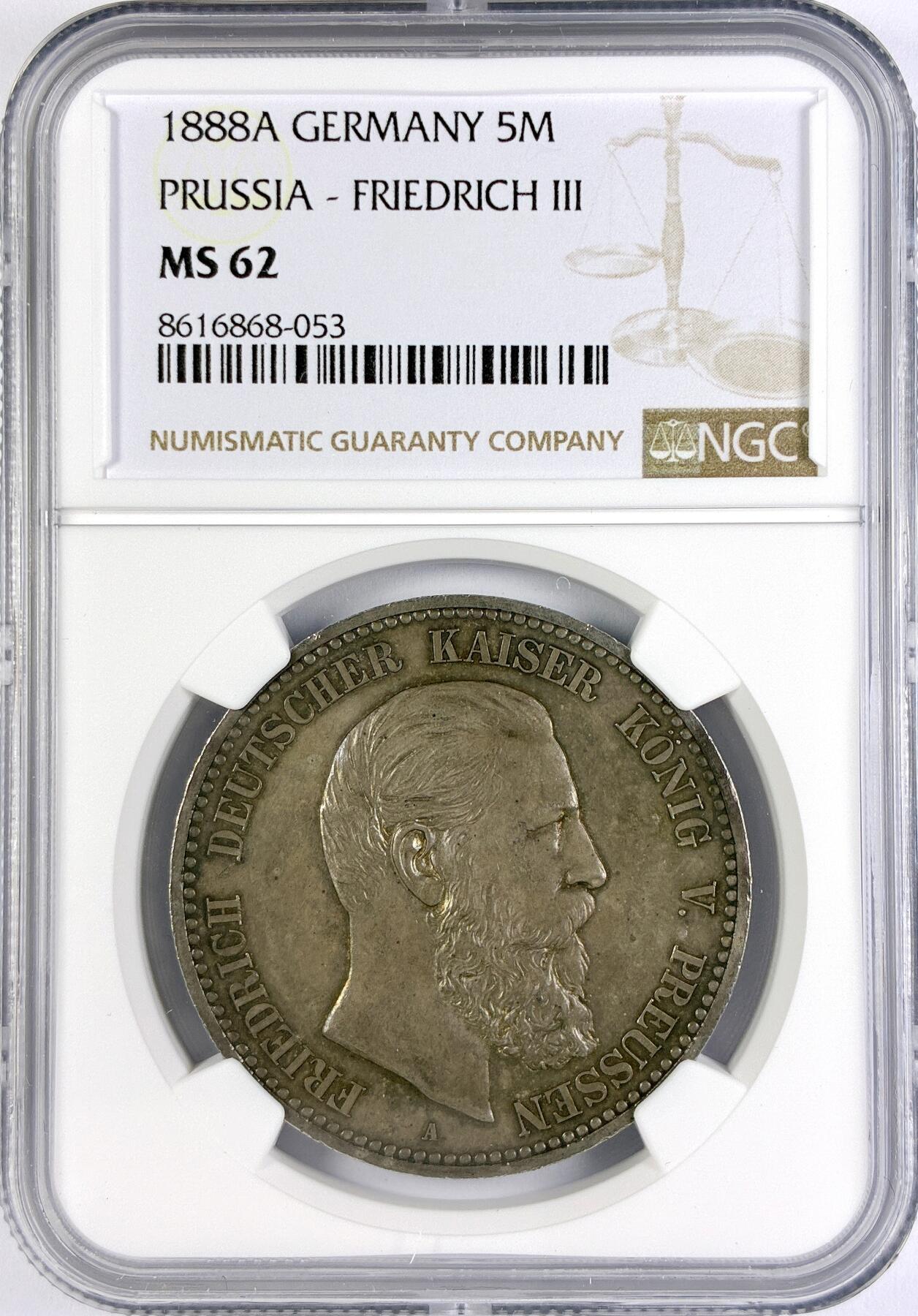 【雨安】【直播拍卖】【世界币章117期-评级币】2025-11-29 周六 19:30 保真 [评级德国] Germany 德国 帝国 J.099 普鲁士 5马克 (1888) 三皇 1888年  NGC-MS62 原味酱彩老包浆