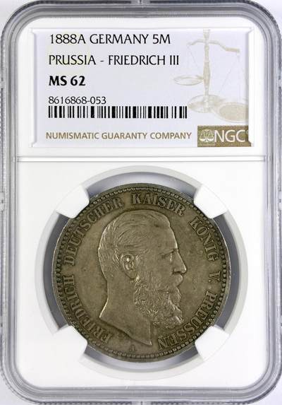 【雨安】【直播拍卖】【世界币章117期-评级币】2025-11-29 周六 19:30 保真 - [评级德国] Germany 德国 帝国 J.099 普鲁士 5马克 (1888) 三皇 1888年  NGC-MS62 原味酱彩老包浆