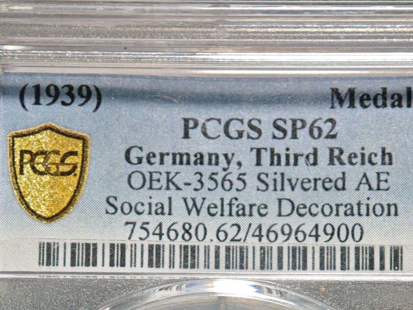 【德藏】世界币章拍卖第155期（拍品征集中~欢迎藏友联系） 1939年 德国民族社会主义工人党公共卫生奖章镀银铜章 PCGS SP62（原图请查询PCGS评级官网）