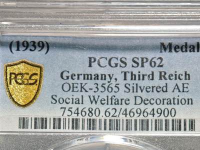 【德藏】世界币章拍卖第155期（拍品征集中~欢迎藏友联系） - 1939年 德国民族社会主义工人党公共卫生奖章镀银铜章 PCGS SP62（原图请查询PCGS评级官网）