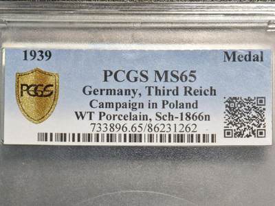 【德藏】世界币章拍卖第155期（拍品征集中~欢迎藏友联系） - 唯一冠军分！1939年 德国民族社会主义工人党攻占波兰但泽纪念白色陶瓷章 PCGS MS65（原图请查询PCGS评级官网）