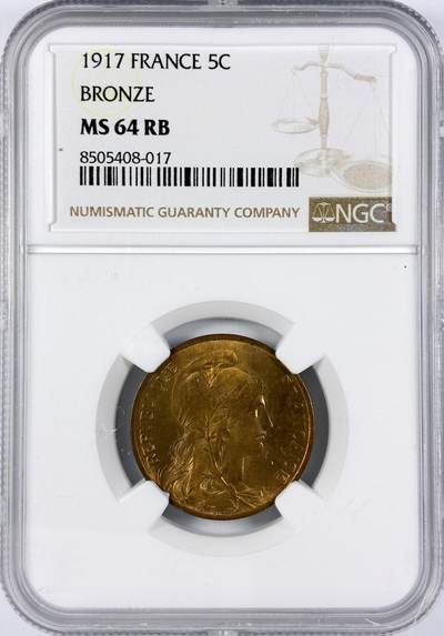 【雨安】【直播拍卖】【世界币章117期-评级币】2025-11-29 周六 19:30 保真 - [评级法国] France 法国 5分 1917年  NGC-MS64