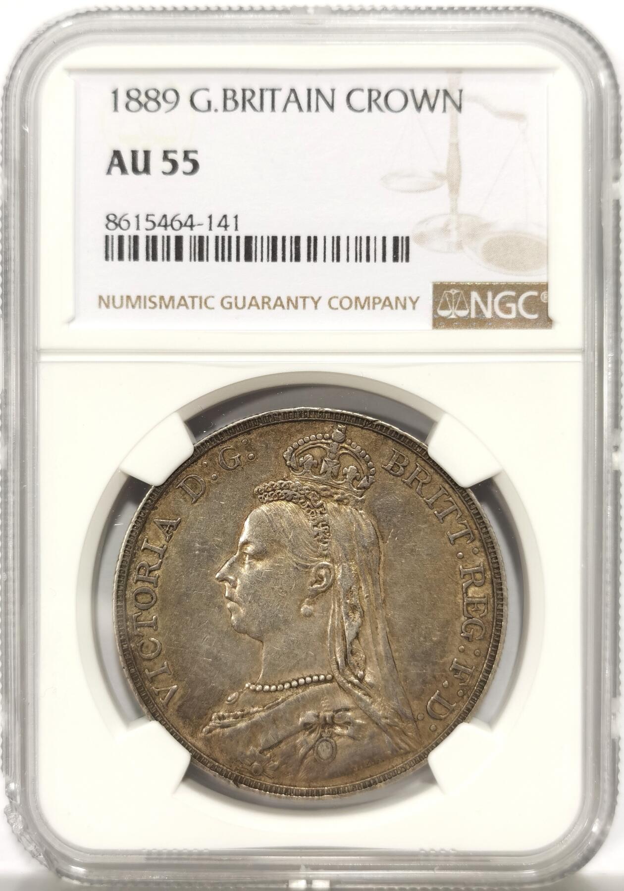博洋堂世界钱币拍卖第149期（全场包邮） NGC AU55 英国1889年马剑克朗银币，品相状态非常不错的一枚，尤其是马剑面细节非常好，1500来的裸币，运输中一角有一小磕，对币无任何影响